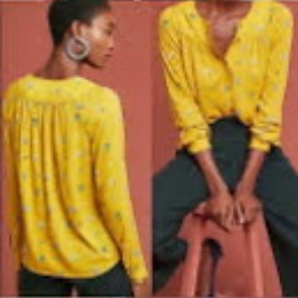 Conversations by Anthropologie Limited Edition Yellow Bow Print Blouse Size 8 - Picture 3 of 8